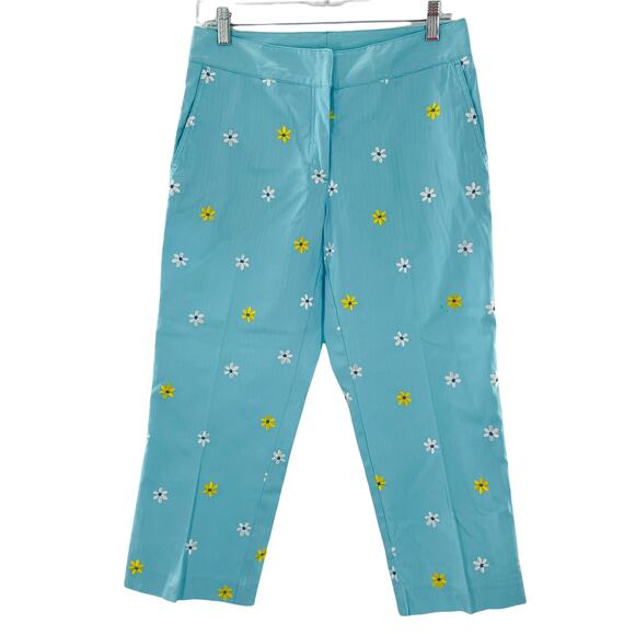 Lilly Pulitzer Blue Embroidered Daisies Colorful Fun Cropped Pants Capris 6 - Picture 1 of 11